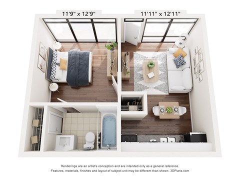 Floor plan for 1 bed, 1 bath, 530 sqft